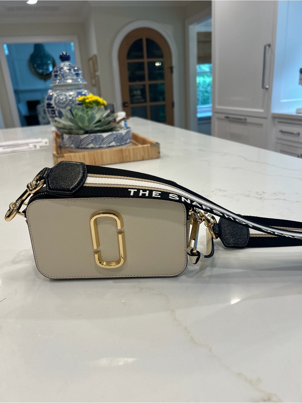Marc Jacobs Cream Snapshot Camera Bag with Black Strap & Gold Hardware